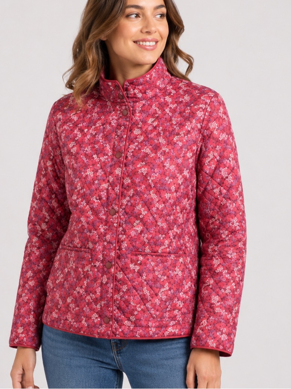 Draper James Floral Quilted Jacket Women’s Size L Pink Red Zip Front Lightweight